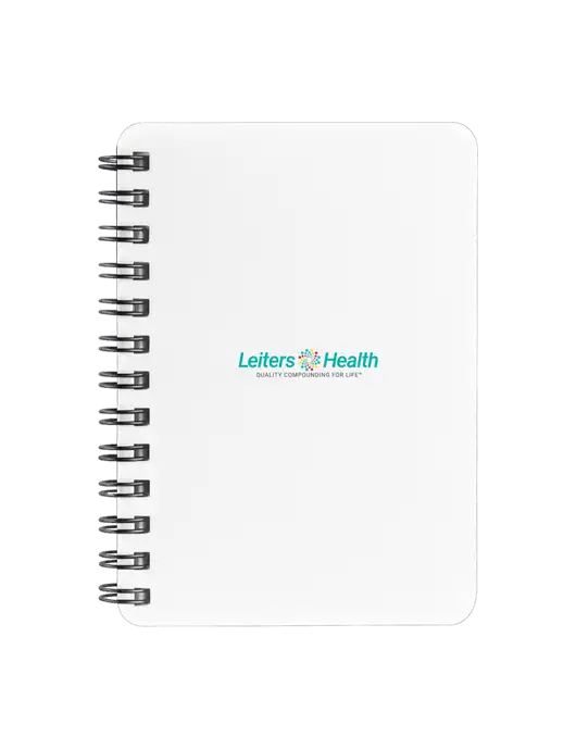 Sturdy White Hardcover Notebook, 5.25 x 7 w/Leiters Health Logo