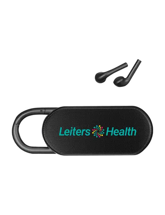 Clip Buddies Black Speaker & Ear Buds w/Leiters Health Logo