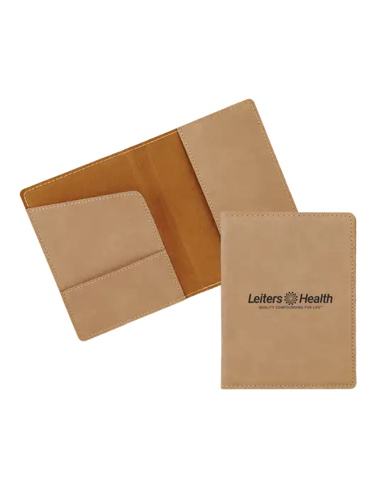 Tan Leatherette Passport Holder w/Leiters Health Logo