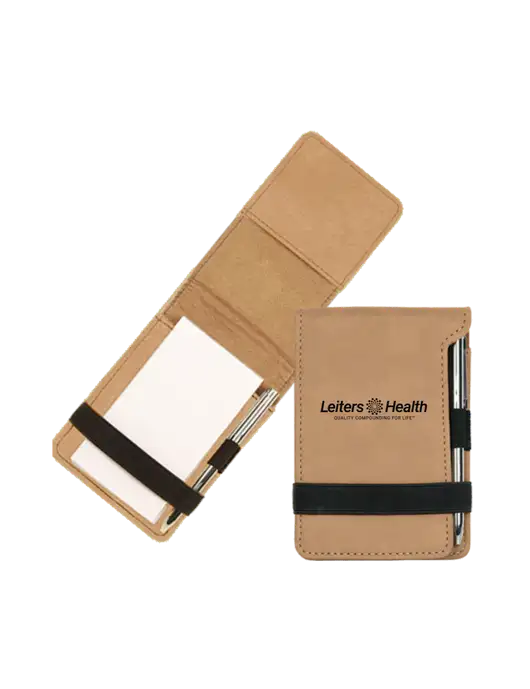 Tan Leatherette Mini Notepad with Pen,  3.25 x 4.75 w/Leiters Health Logo